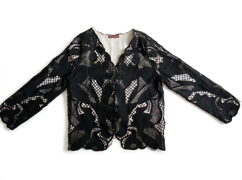 Lined Guipure Cardigan in Black and Off White
