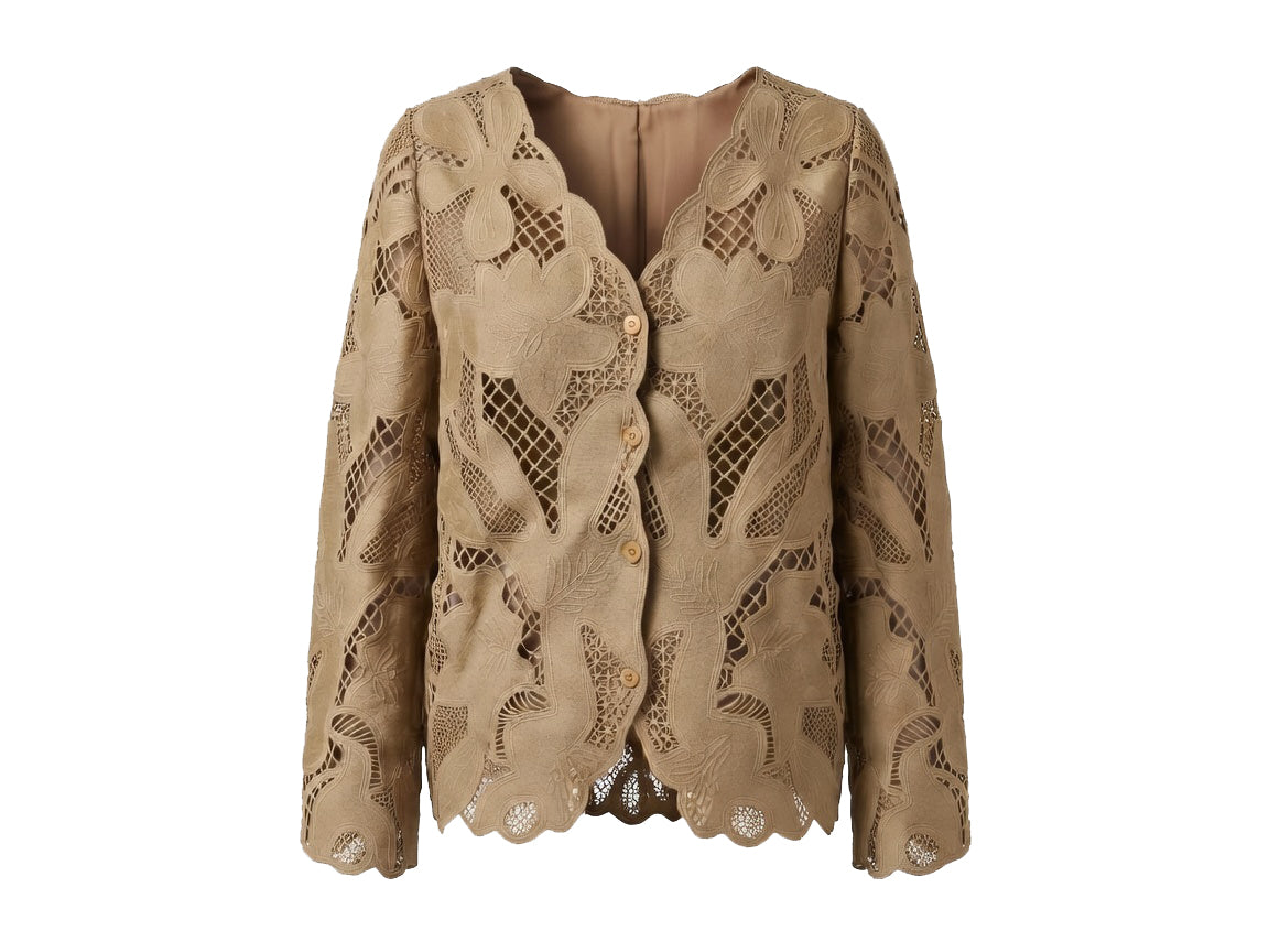 Lined Guipure Cardigan in Olive and Brown